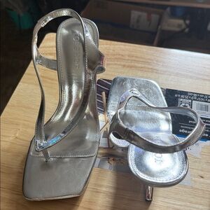 Topshop Silver Metallic Slingback Heels with Square Toe